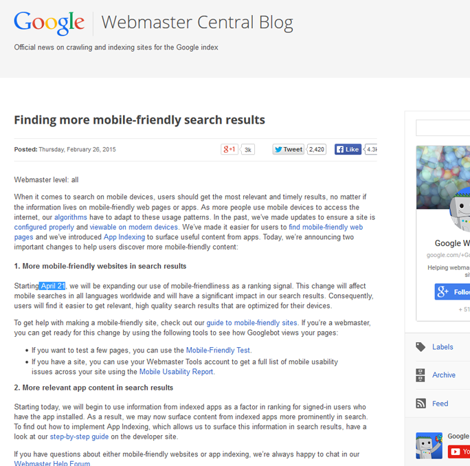 Google Webmaster Central Blog concerning the upcoming mobile-friendly Google update