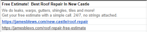google adwards example for new castle roofing company